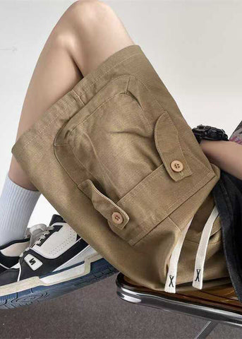 Drawstring Khaki Shorts Summer Men Cotton Button Pockets Loose FashionChic