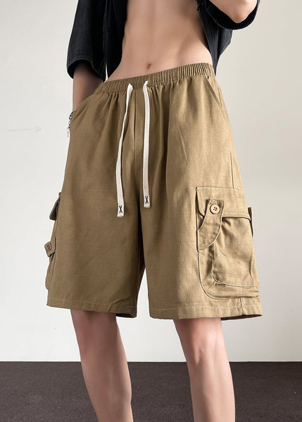 Drawstring Khaki Shorts Summer Men Cotton Button Pockets Loose FashionChic