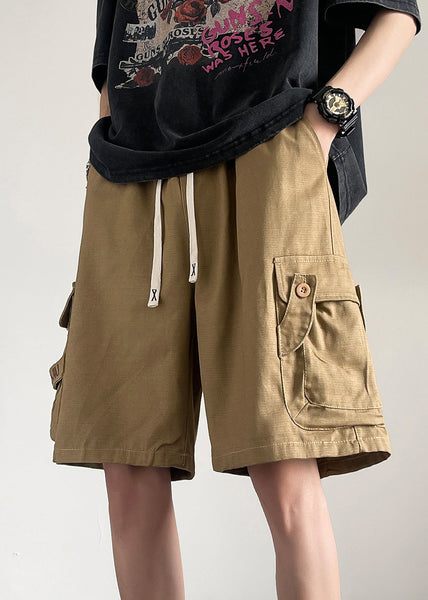 Drawstring Khaki Shorts Summer Men Cotton Button Pockets Loose FashionChic