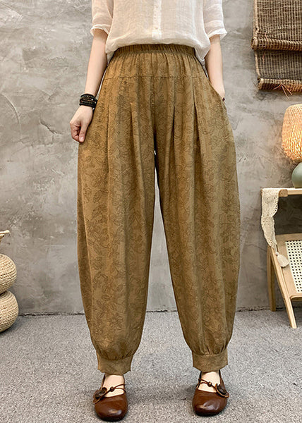 Loose Khaki Pockets Elastic Waist Cotton Crop Pants Summer RE005 MZF-CPTS240807