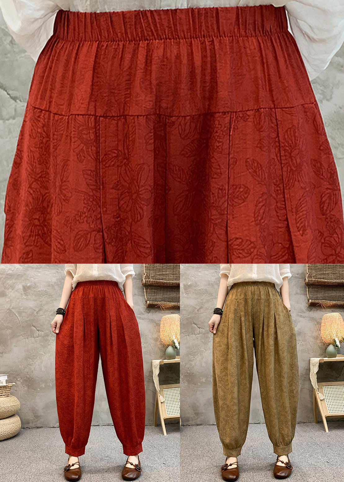 Loose Khaki Pockets Elastic Waist Cotton Crop Pants Summer RE005 MZF-CPTS240807