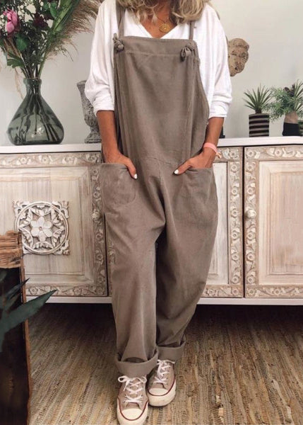 Loose Khaki Pockets Solid Cotton Jumpsuit Sleeveless FF062 MZF-JPTS240607