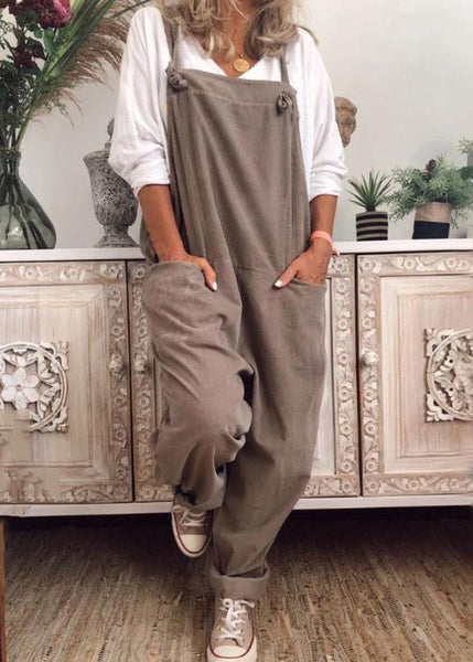 Loose Khaki Pockets Solid Cotton Jumpsuit Sleeveless FF062 MZF-JPTS240607