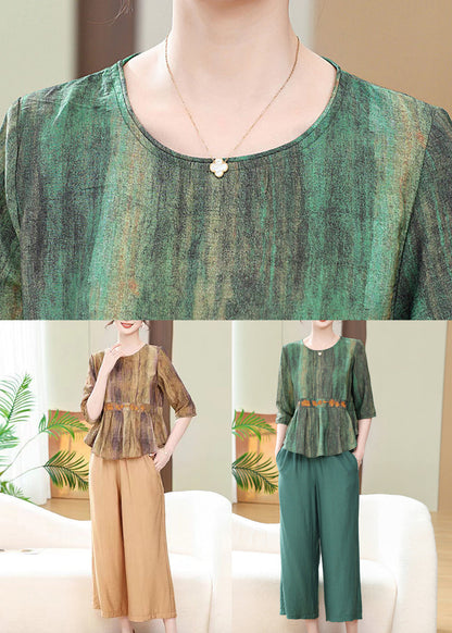 Loose Khaki Print Tops And Crop Pants Cotton Two Piece Set Summer RE030 MZF-TPIEC240807