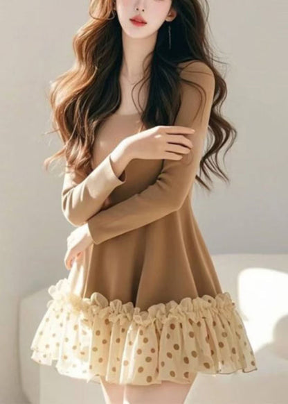 Khaki Ruffled Spring Dress Dot Tulle Mid Loose Patchwork FashionChic