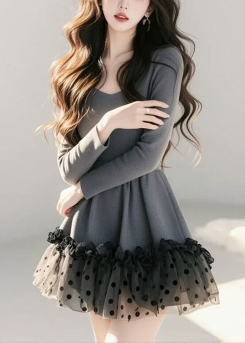 Khaki Ruffled Spring Dress Dot Tulle Mid Loose Patchwork FashionChic