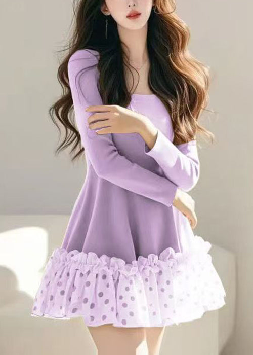 Khaki Ruffled Spring Dress Dot Tulle Mid Loose Patchwork FashionChic