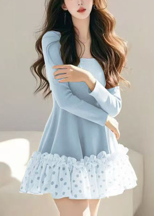 Khaki Ruffled Spring Dress Dot Tulle Mid Loose Patchwork FashionChic