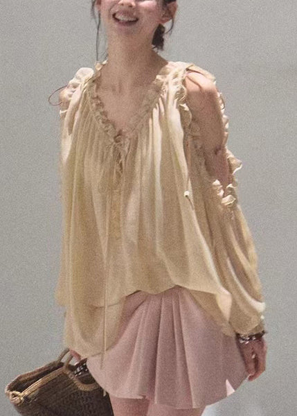 Khaki Loose Up Ruffled Chiffon Lace Shirts Fall FashionChic