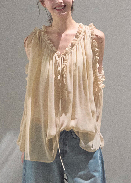 Khaki Loose Up Ruffled Chiffon Lace Shirts Fall FashionChic