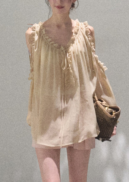 Khaki Loose Up Ruffled Chiffon Lace Shirts Fall FashionChic