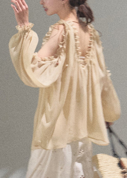 Khaki Loose Up Ruffled Chiffon Lace Shirts Fall FashionChic