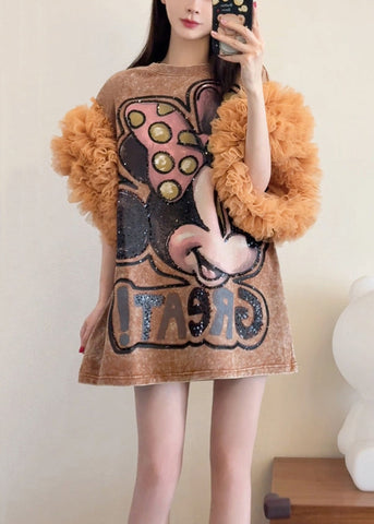 Dresses Shirts Ruffled Patchwork Summer Loose Tulle T Khaki FashionChic