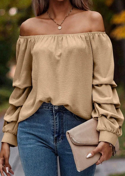 Shirts Neck Slash Loose Solid Khaki Spring Tops FashionChic