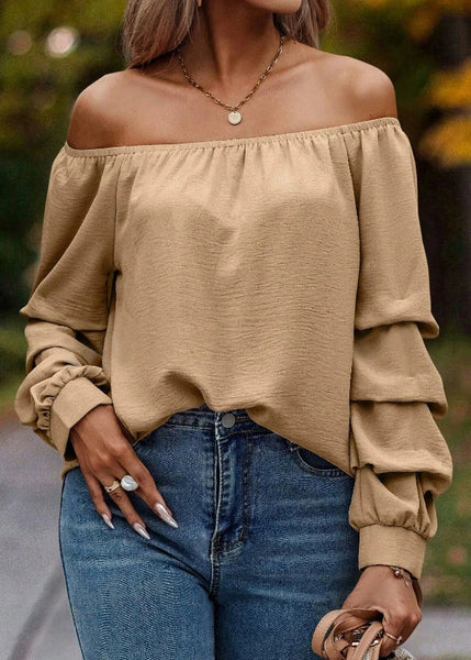 Shirts Neck Slash Loose Solid Khaki Spring Tops FashionChic