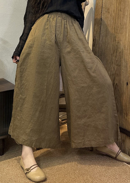 Loose Khaki Solid Elastic Waist Linen Wide Leg Pants Summer VV079 HS-CPTS240627