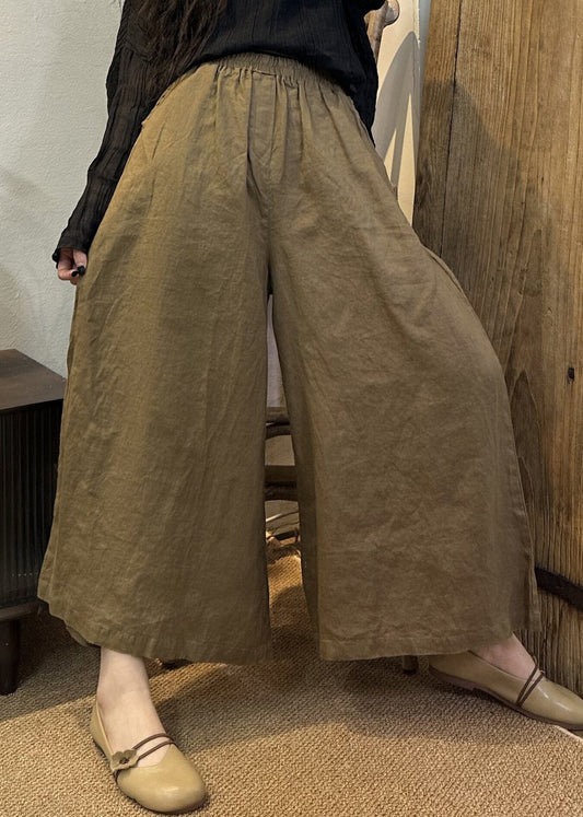 Loose Khaki Solid Elastic Waist Linen Wide Leg Pants Summer VV079 HS-CPTS240627
