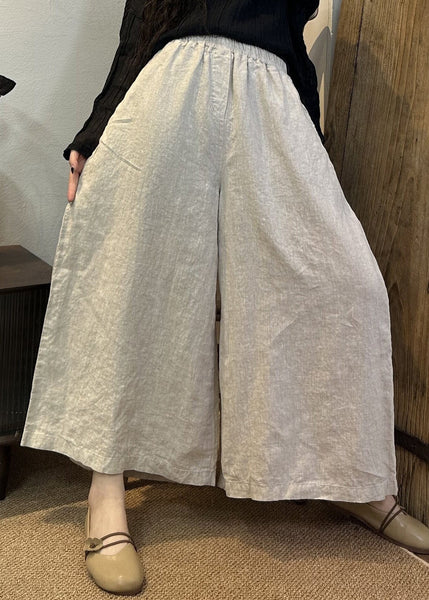 Loose Khaki Solid Elastic Waist Linen Wide Leg Pants Summer VV079 HS-CPTS240627