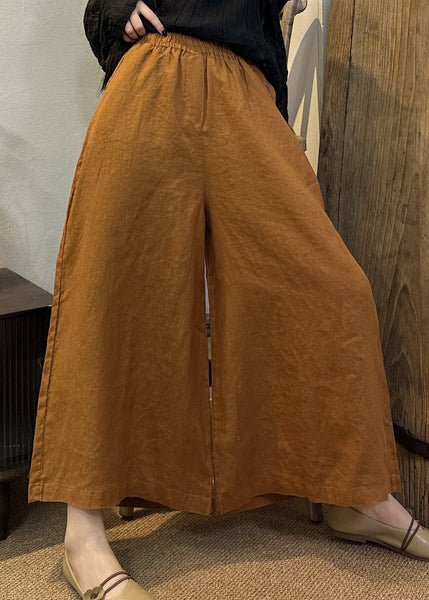 Loose Khaki Solid Elastic Waist Linen Wide Leg Pants Summer VV079 HS-CPTS240627
