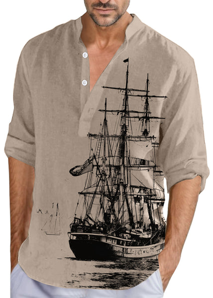 Button Collar Fall Print Loose Shirts Cotton Men Stand Khaki FashionChic