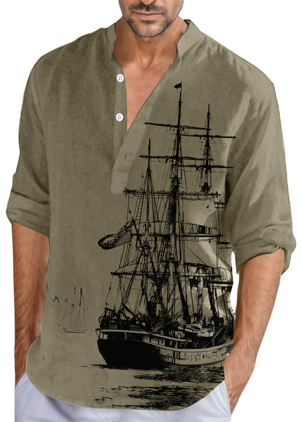 Button Collar Fall Print Loose Shirts Cotton Men Stand Khaki FashionChic