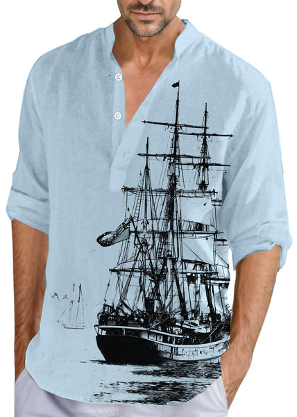 Button Collar Fall Print Loose Shirts Cotton Men Stand Khaki FashionChic