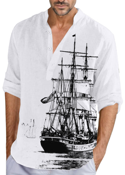 Button Collar Fall Print Loose Shirts Cotton Men Stand Khaki FashionChic