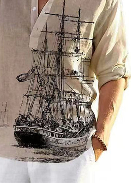 Button Collar Fall Print Loose Shirts Cotton Men Stand Khaki FashionChic