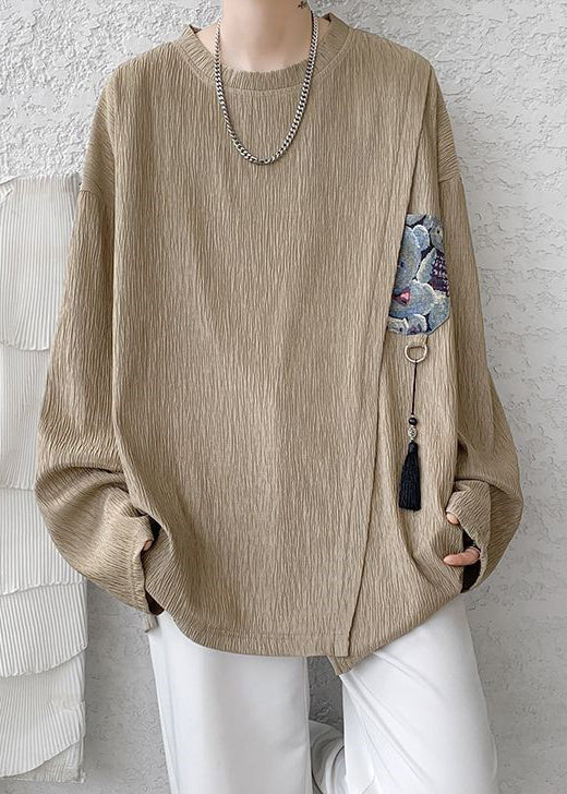 Khaki Shirts Cotton Men Tasseled T Loose Solid Spring FashionChic