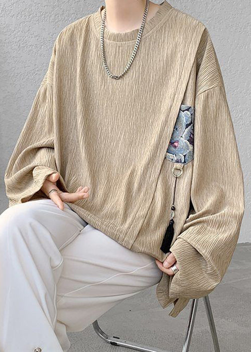 Khaki Shirts Cotton Men Tasseled T Loose Solid Spring FashionChic