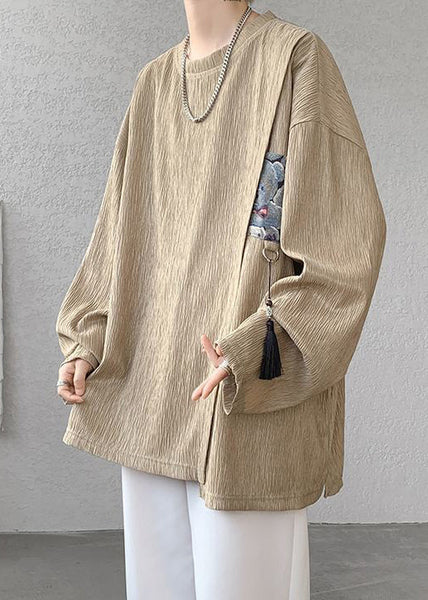 Khaki Shirts Cotton Men Tasseled T Loose Solid Spring FashionChic