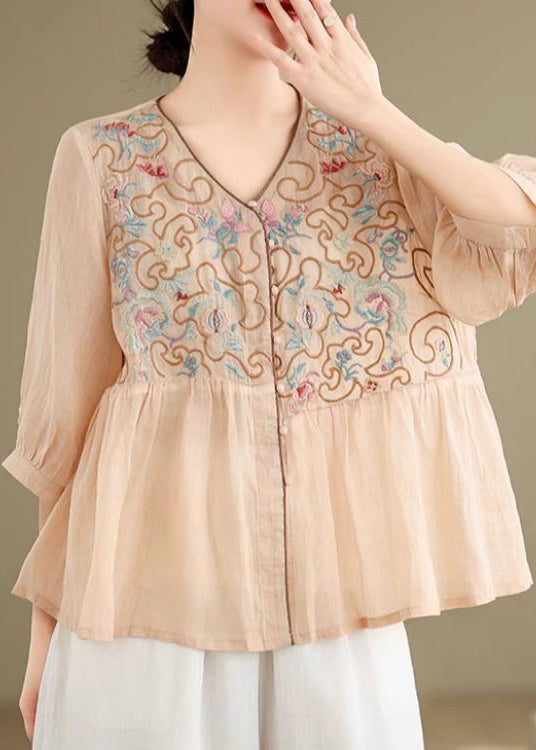 Linen Shirt Loose Khaki V Neck Fall Embroidered FashionChic