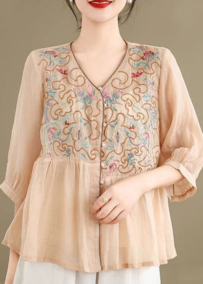 Linen Shirt Loose Khaki V Neck Fall Embroidered FashionChic
