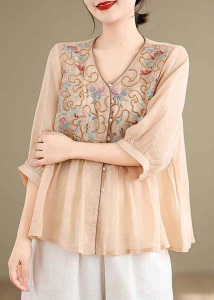 Linen Shirt Loose Khaki V Neck Fall Embroidered FashionChic