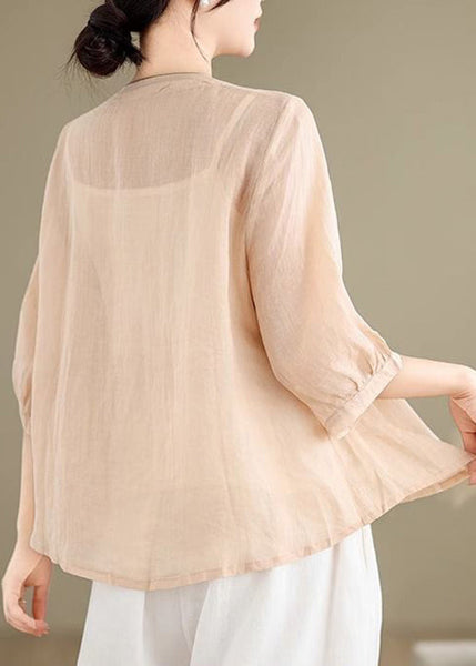 Linen Shirt Loose Khaki V Neck Fall Embroidered FashionChic