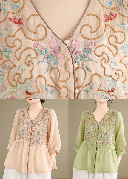 Linen Shirt Loose Khaki V Neck Fall Embroidered FashionChic