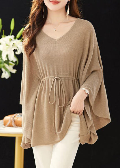 Loose Khaki V Neck Tie Waist Knit Top Batwing Sleeve MN094 MMDM-LTP240704