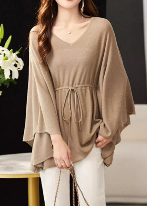 Loose Khaki V Neck Tie Waist Knit Top Batwing Sleeve MN094 MMDM-LTP240704