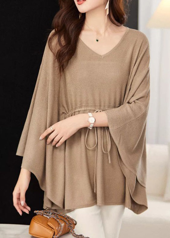 Loose Khaki V Neck Tie Waist Knit Top Batwing Sleeve MN094 MMDM-LTP240704