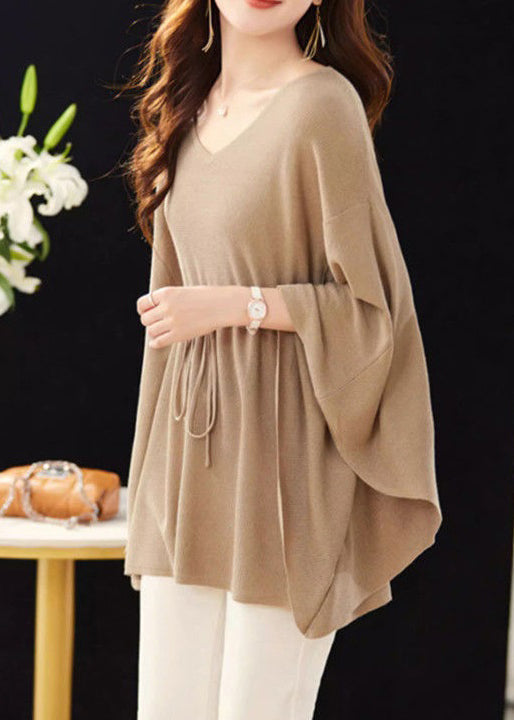 Loose Khaki V Neck Tie Waist Knit Top Batwing Sleeve MN094 MMDM-LTP240704