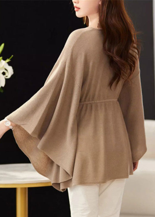 Loose Khaki V Neck Tie Waist Knit Top Batwing Sleeve MN094 MMDM-LTP240704