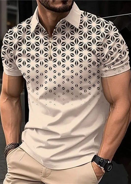 Cotton Up Zip Polo Print Shirts Loose Mens Khaki Summer FashionChic