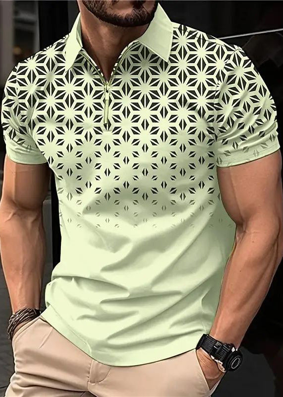 Cotton Up Zip Polo Print Shirts Loose Mens Khaki Summer FashionChic