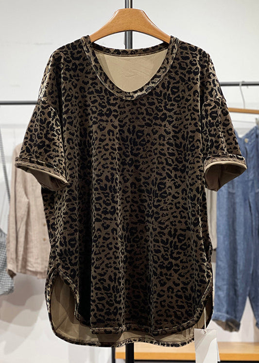 Open Neck Leopard Loose Shirt Velour Side O Silk Summer T FashionChic