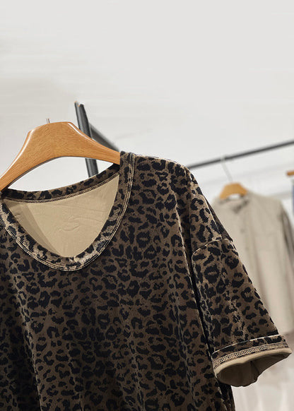 Open Neck Leopard Loose Shirt Velour Side O Silk Summer T FashionChic
