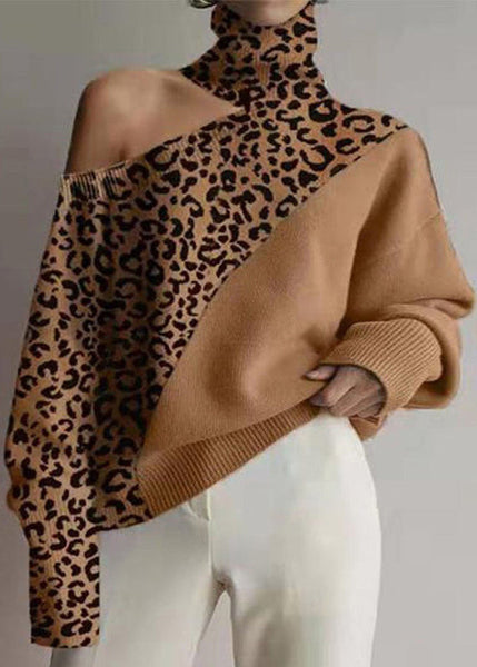 Loose Leopard Turtleneck Cold Shoulder Cozy Knit Sweaters Fall AL1056 Genistyle Shop