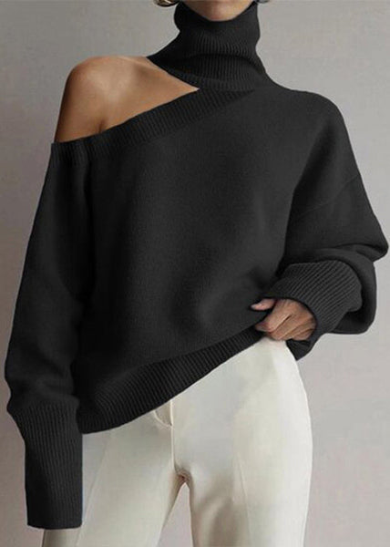 Loose Leopard Turtleneck Cold Shoulder Cozy Knit Sweaters Fall AL1056 Genistyle Shop