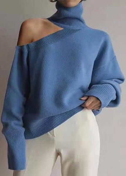 Loose Leopard Turtleneck Cold Shoulder Cozy Knit Sweaters Fall AL1056 Genistyle Shop