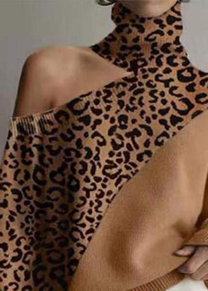 Loose Leopard Turtleneck Cold Shoulder Cozy Knit Sweaters Fall AL1056 Genistyle Shop