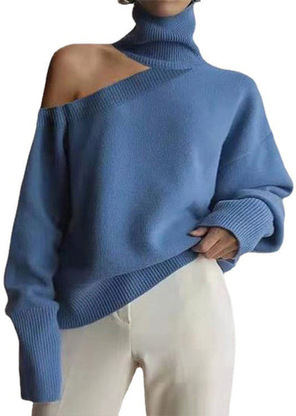 Loose Leopard Turtleneck Cold Shoulder Cozy Knit Sweaters Fall AL1056 Genistyle Shop